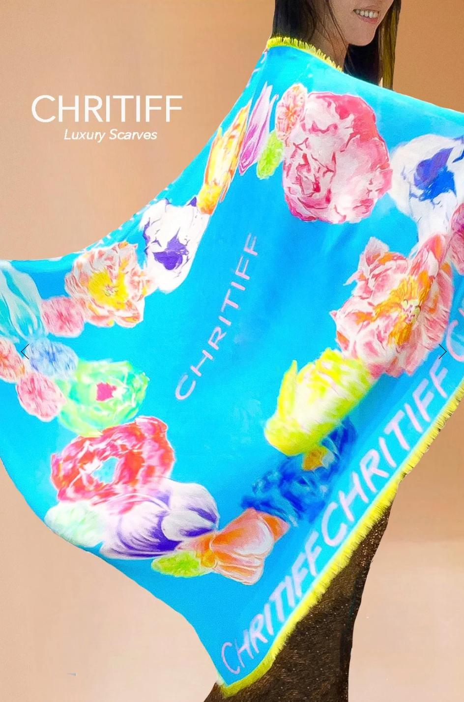 CHRITIFF Blooming Love Ocean Blue Luxury Silk Scarf